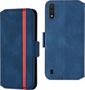 Voor Galaxy A01 vintage matte olierand horizontale flip lederen tas met beugel en kaartsleuven (blauw)