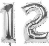 12 Jaar Folie Ballonnen Zilver - Happy Birthday - Foil Balloon - Versiering - Verjaardag - Jongens - Meisjes - Feest - Inclusief Opblaas Stokje & Clip - XL - 82 cm
