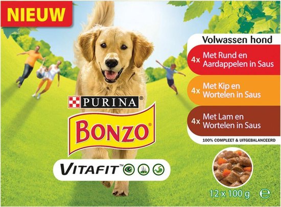 Bonzo Vitafit Maaltijdzakjes - Hondenvoer natvoer - Rund, Kip & Lam - 48 x 100g