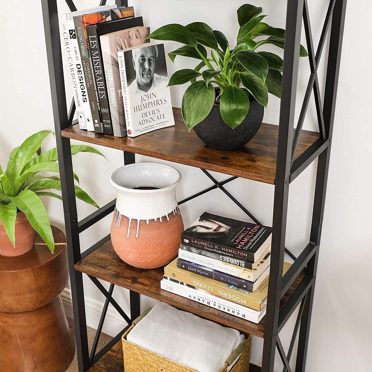 GIANTEX Hoekplank, staand rek, boekenkast, badkamerrek met 4 niveaus, houten plank, archiefplank, wandplank voor woonkamer, badkamer, werkkamer