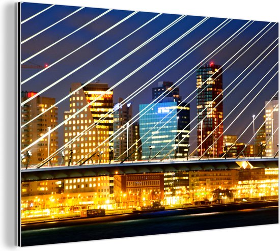 Wanddecoratie Metaal - Aluminium Schilderij Industrieel - Rotterdam - Skyline - Licht - 180x120 cm - Dibond - Foto op aluminium - Industriële muurdecoratie - Voor de woonkamer/slaapkamer