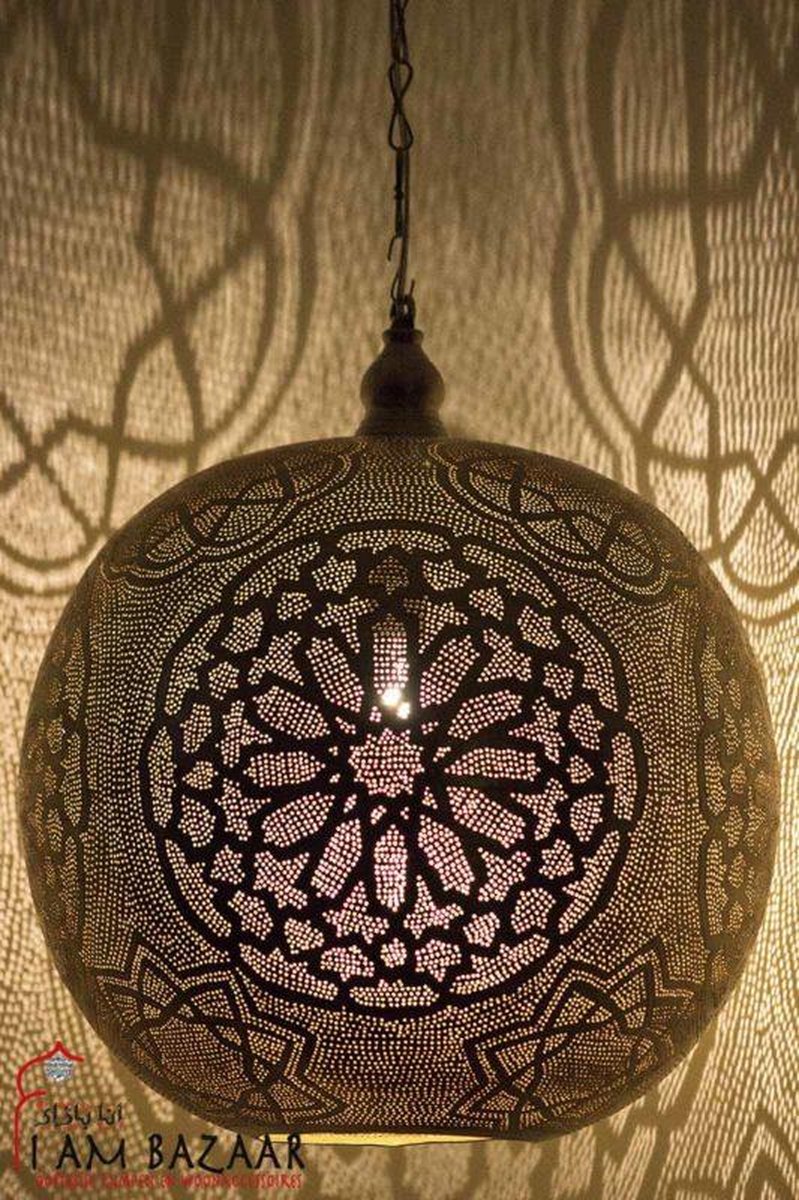 Hanglamp Art geelkoper-Handgemaakt - Eettafel lamp - Authentiek - Egyptische - Arabische - Marokkaanse - Oosterse Lampen - Afmeting 53 cm hoog