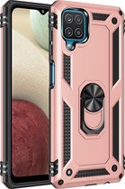 Samsung Galaxy A12 5G Stevige Magnetische Anti shock ring back cover case- schokbestendig-TPU met stand – Rosé goud