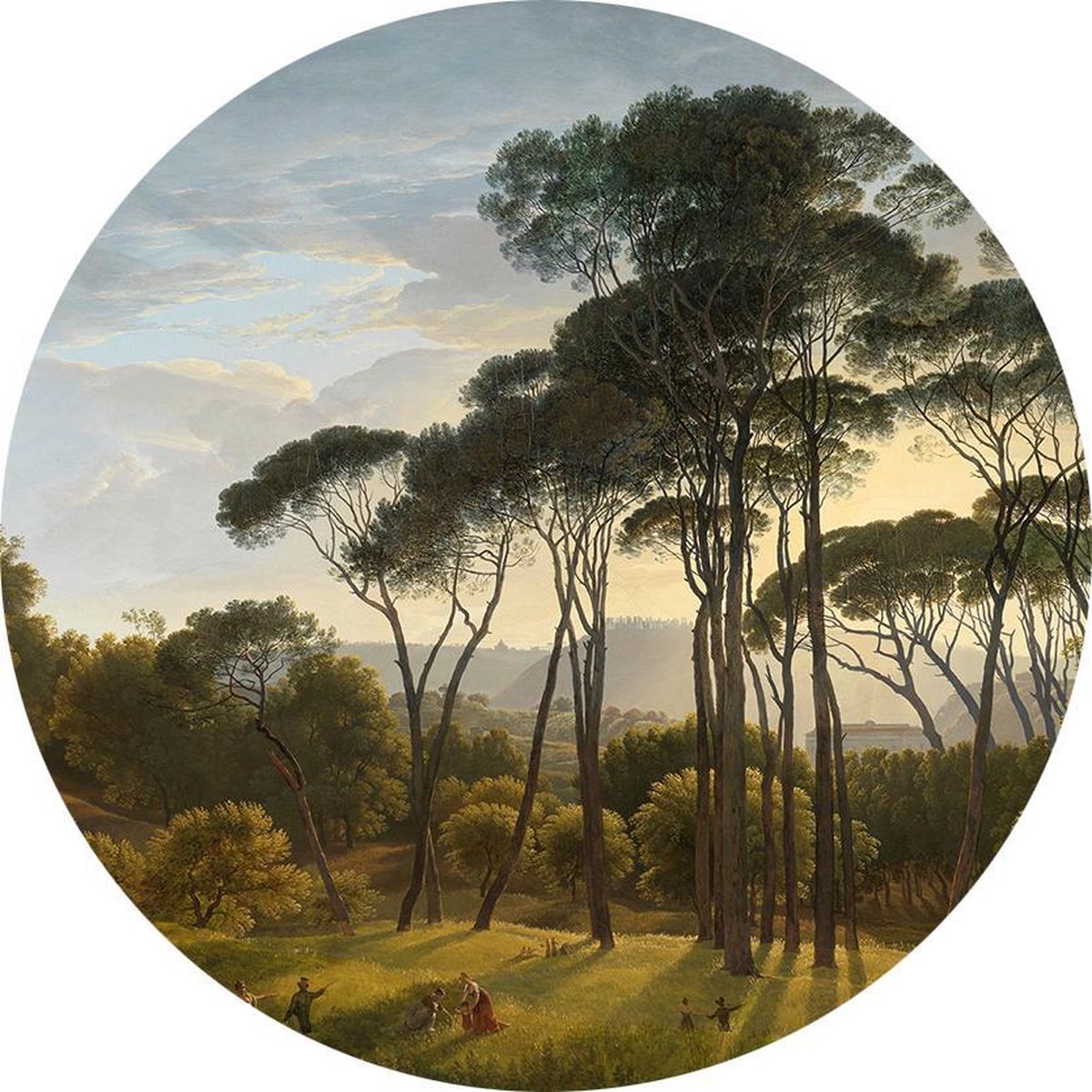 Italiaans landschap met parasoldennen, Hendrik Voogd - Foto op Behangcirkel - ⌀ 100 cm