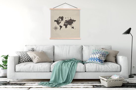 Affiche scolaire - Wereldkaart - Bois - Boussole - 120x120 cm - Lattes vierges