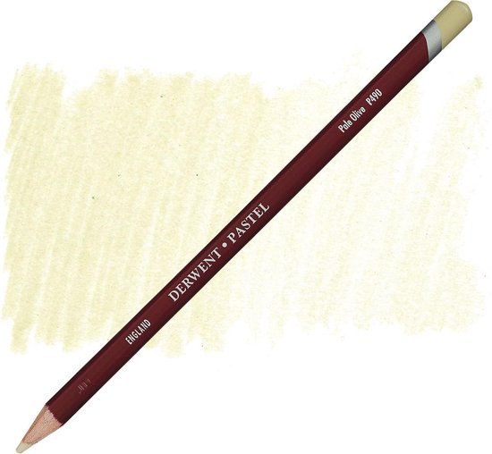 Derwent Pastel potlood Pale Olive P490 in donkerrode huls met een lichtgroene kleurveeg.