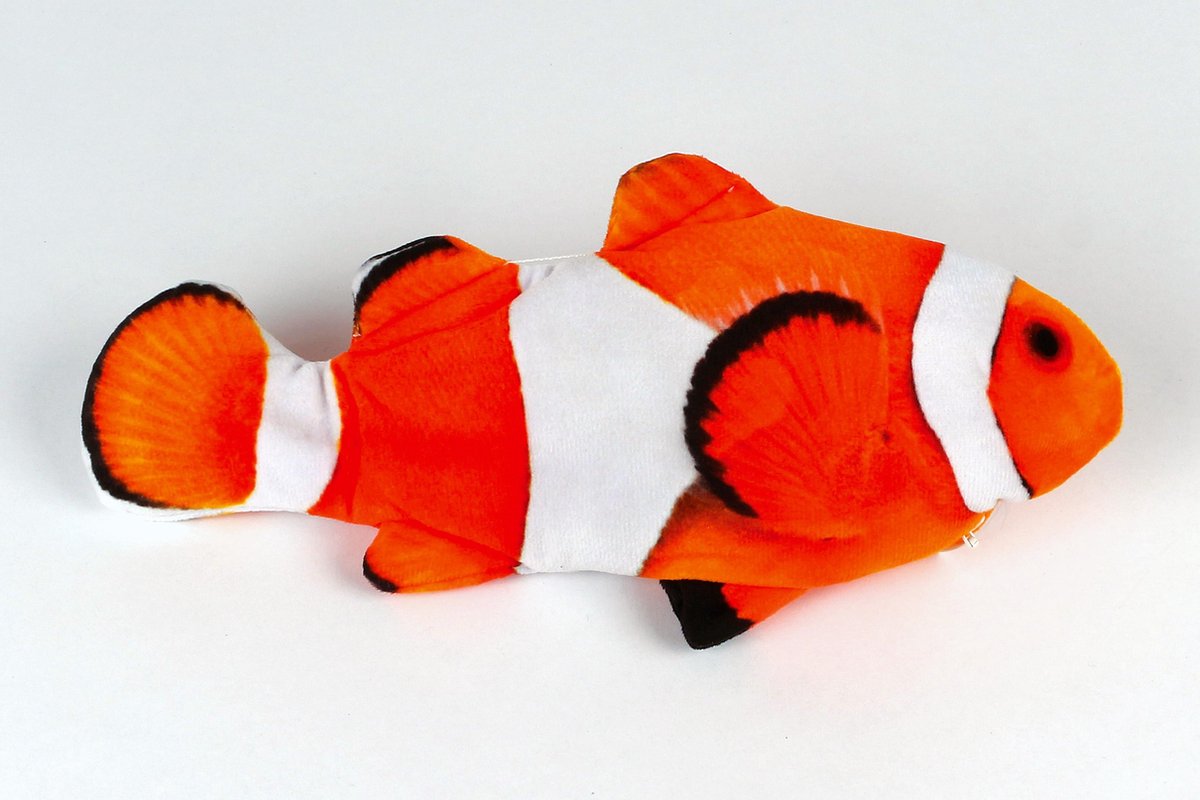 Electrische vis, oranje zwart wit, kattenspeeltje, 30cm, katten speeltje, speelvis, honden speeltje,