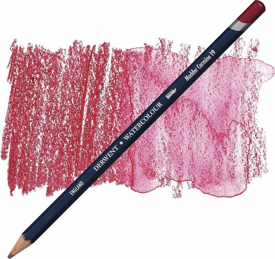 Derwent Watercolour potlood Madder Carmine 19 met rode streep op een witte achtergrond, met een rode veeg ernaast.