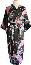 KIMU® kimono zwart satijn - maat XL-XXL - ochtendjas yukata kamerjas badjas - onder de knie