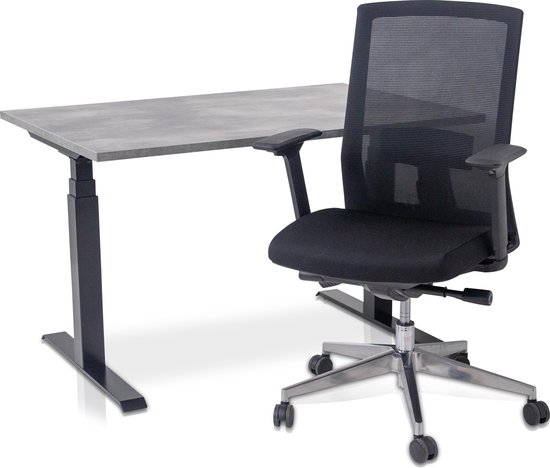 Zit-sta bureau elektrisch verstelbaar + ERGO Bureaustoel | NEN-EN 527 PRO Thuiswerkset | frame bureau zwart - bureaublad betonlook | 120x80 cm