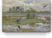 Schilderij - Landschap met kraanvogels aan het water - Bruno Liljefors - 30 x 19,5 cm - Niet van echt te onderscheiden handgelakt schilderijtje op hout - Mooier dan een print op canvas.