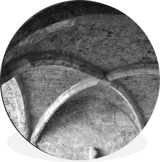 WallCircle - Wandcirkel - Muurcirkel - Zwart-witte abdij bogen in Frankrijk - Aluminium - Dibond - ⌀ 90 cm - Binnen en Buiten