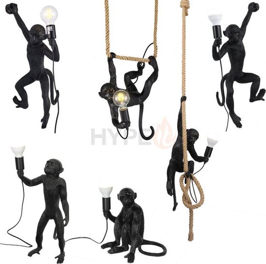 Hype it aap lamp hanglamp - 70 x 24 cm - Lamp aap aan touw - Monkey lamp - Hanglamp woonkamer - Hanglamp Slaapkamer  - E27 - Hanglamp Zwart