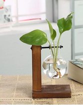 Merkloos- Vintage Vaas - Hout - Glas -Transparant - Woonaccessoires - Bruin - Rond - Vaas - Dubbel Glas - Geschikt voor stekjes - Bloemen - Waterplanten - Hydroponie - Sfeer - Incl