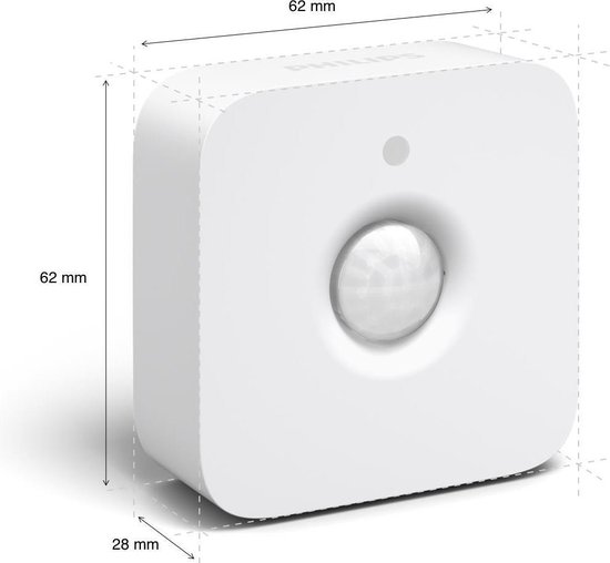 Witte vierkante bewegingssensor van Philips Hue met afmetingen 62x62x28 mm.