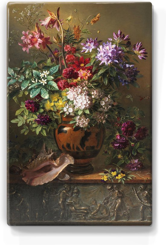 Schilderij - Stilleven met bloemen in een Griekse vaas - Georgius Jacobus Johannes van Os - 19,5 x 30 cm - Niet van echt te onderscheiden handgelakt schilderijtje op hout - Mooier dan een print op canvas.