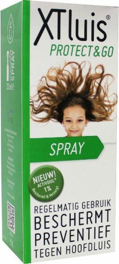 Doos XTluis Protect & Go spray met de afbeelding van een meisje met wapperend bruin haar. "NIEUW! ACTIVDIOL 1%".