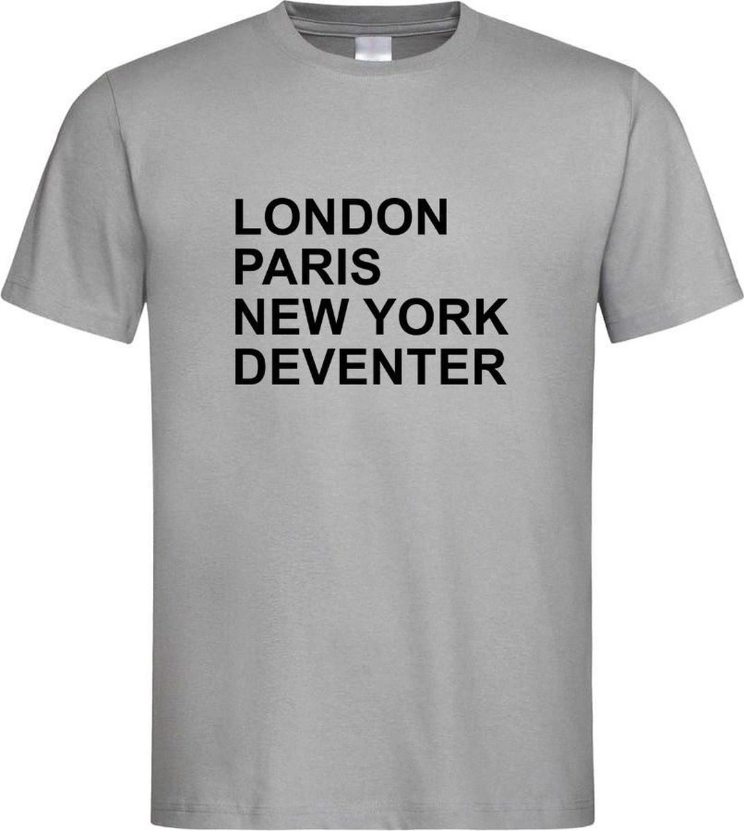 Grijs T-Shirt met “ London, Paris, New York en Deventer “ print Zwart Size XL