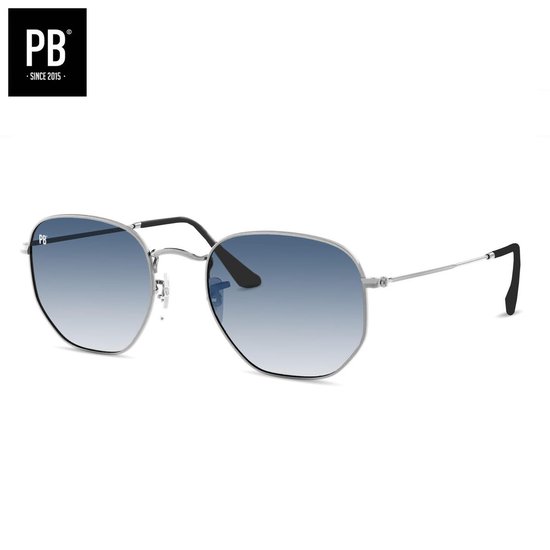 PB Sunglasses - Hex Silver Gradient Blue. - Lunettes de soleil pour hommes et femmes - Polarisées - Monture en métal argenté - Lentilles bleues - Style hexagonal.