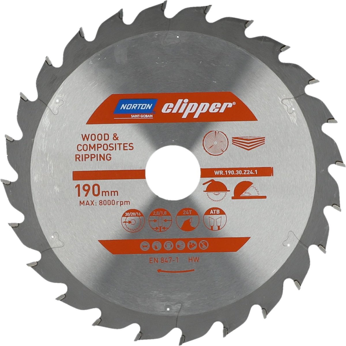 Norton Clipper Hout en Composiet - Zaagblad ATB Ripping - 190mm - 24 tanden - Voor Cirkelzagen en Afkortzagen