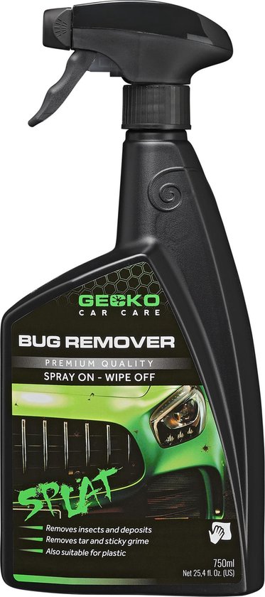Zwarte spuitfles met GECKO CAR CARE BUG REMOVER label, met groene auto-afbeelding en tekst.