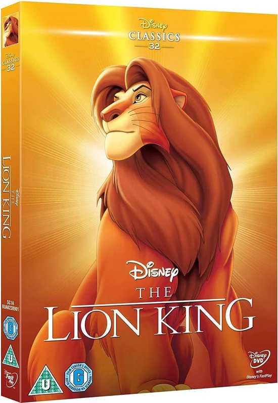 DVD-cover van The Lion King met een grote leeuw met manen op een gele achtergrond.