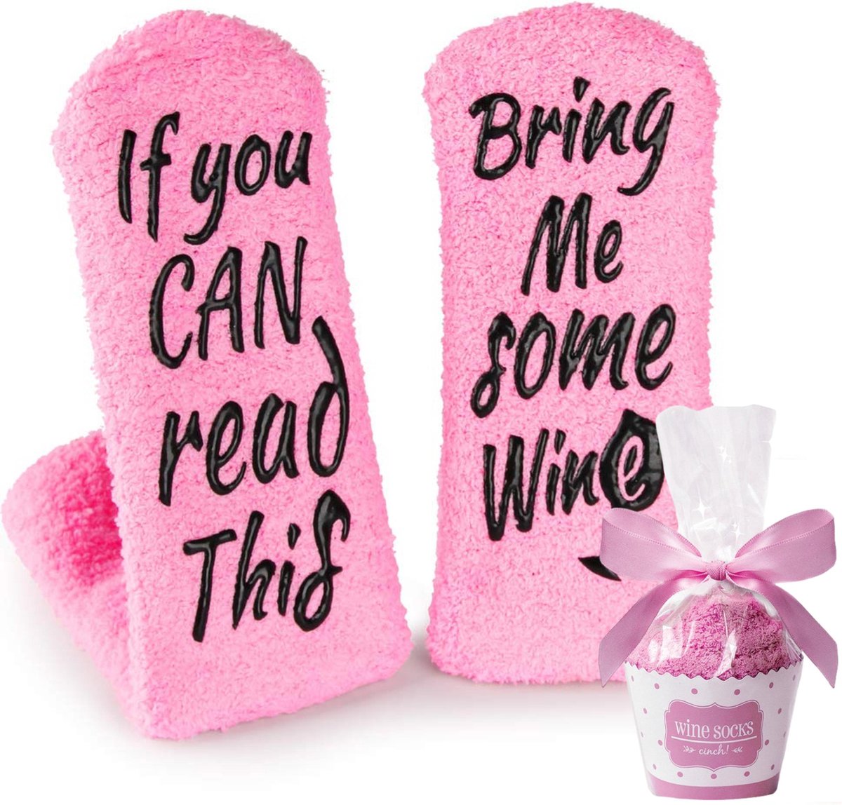 JAXY Wijn Sokken - Huissokken - Fluffy Sokken - Dikke Sokken - Bedsokken Dames en Heren - Huissokken Met Antislip Dames - Warme Sokken - Wijn Cadeau - Grappige Sokken - Grappige Cadeaus - One Size - Roze