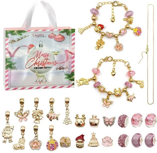 Stoine adventskalender 2023 Beauty 24-Delig - Roze Goud - 2 Armbanden, 22 Bedeltjes, Luxe Kwaliteit