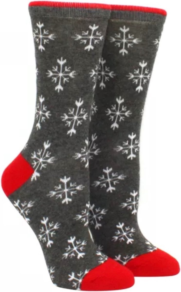 Sokken - Kerstsokken - Grijs met Rood - Kerstsok voor Dames, Heren en Kinderen - Unisex - Kerstkleding - Christmas - Kerst - Sokken - Rood met Sneeuwvlok - Maat 35-42 - 1 paar