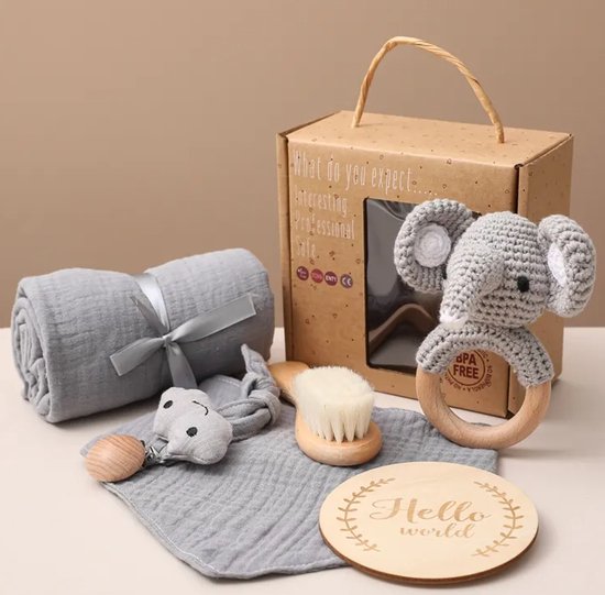 Babyshower gift set Elephant XL - olifant - babygift - speen - baby borstel - knuffel deken - babyshower - geboorte
