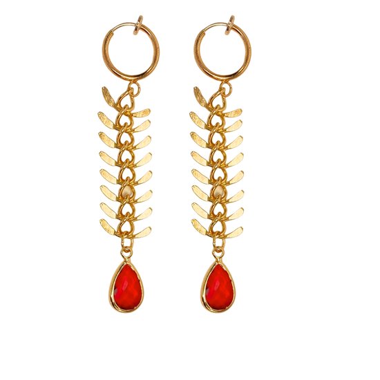 Klem oorbellen -rood- visgraat- goudkeurig- lange oorbellen- geen gaatje- Charme Bijoux