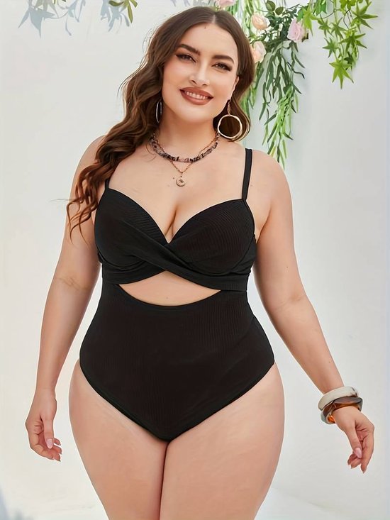 Sexy Badpak- Voorgevormde Beugel Cup- Dames Plus Size Effen Uitgesneden Badpak Met Gedraaide Voorkant En Textuur- Zwempak Bikini Badmode- Zwemkleding Strandkleding 925- Zwart- Maat XL