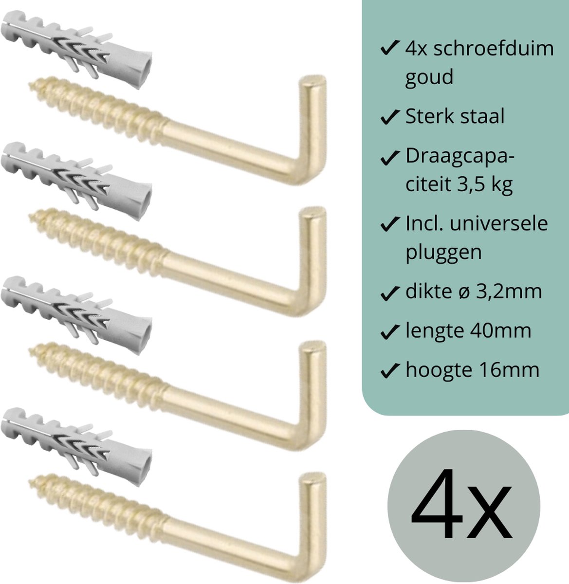 Schroefduimen - Vermessingd (goud) - 4 stuks - 40mm x 16mm x ø3,2mm (schroef haak - schroef duim - ophang haak - wand haak)