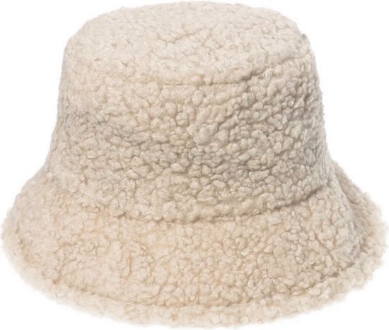 Teddy Bucket Hat - Maat 57/59 - Muts Hoed Winter Bontmuts - Wit Beige