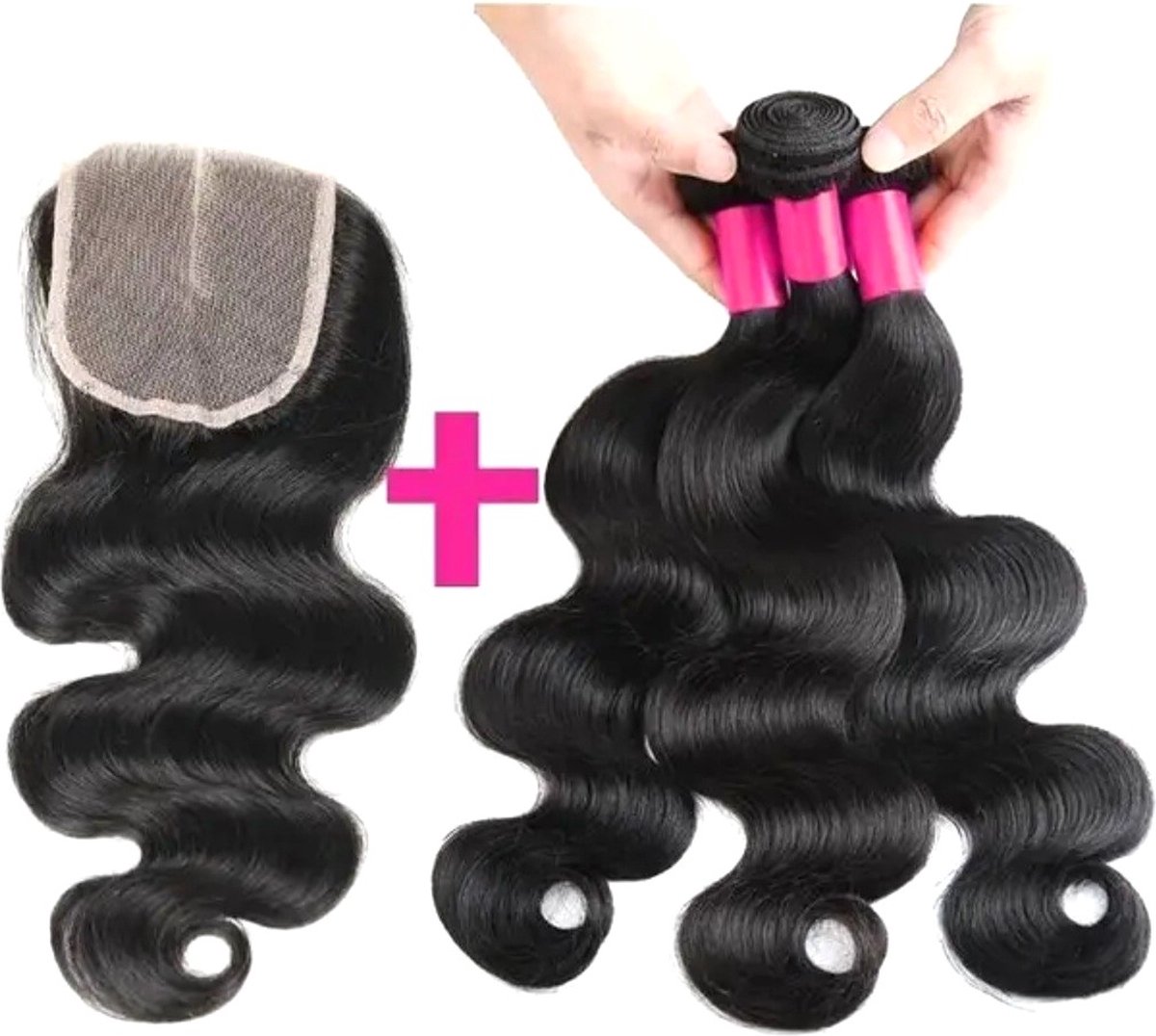 Frazimashop-Braziliaan body wave weave -100% human Hair- Haarextension - 16 inches golf 3 Bundels met closure 4x4 20 inches