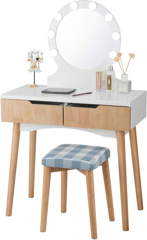 Make-uptafel met verlichting, make-uptafel met sieradendienblad, instelbare helderheid, make-uptafel met stopcontacten, kaptafel met spiegel, kaptafel met 5 laden, 3 open vakken, wit