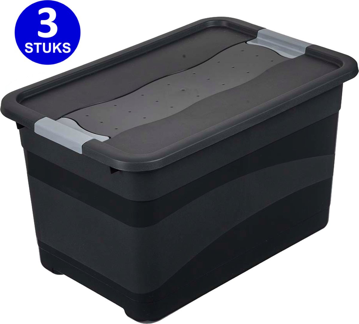 Opbergbox 52L - 3 stuks - 59x39x34cm - Zwart - Opslagbak voor o.a ...