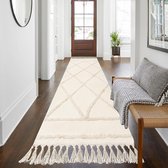 LINROMIA Tufted Rug Runner Rug for Hallway 60 x 240 cm, Boho Beige Cotton Area Rug with Hand-Woven Tassels, Extra Long Washable Runner Rug for Bedroom Living Room