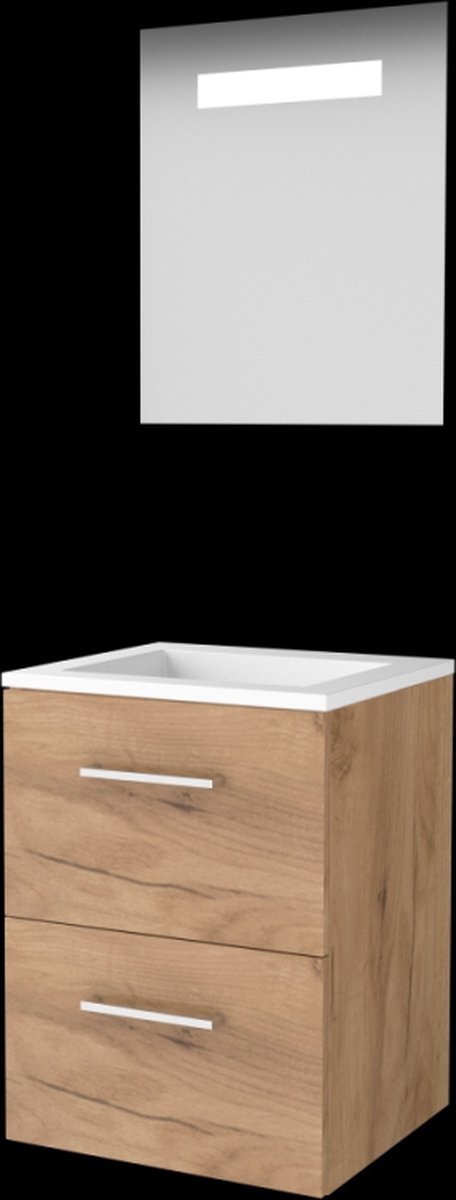 Basic-Line Economic 46 Badkamermeubelset - 50 x 46 cm - Met Grepen - 2 Lades - Acryl Wastafel - Zonder Kraangat - Spiegel met LED Verlichting - Whisky Oak