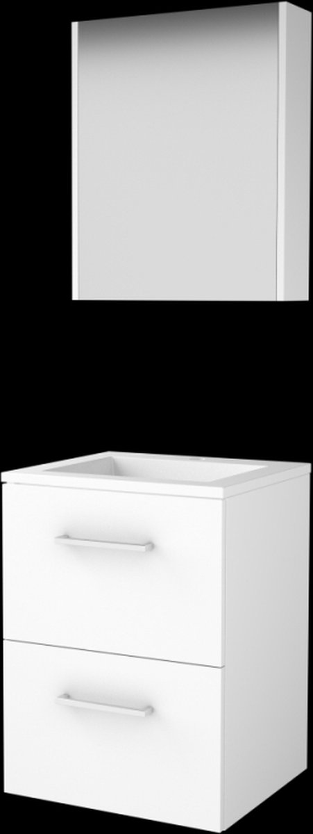 Basic Comfort 46 badmeubelset met spiegelkast, wastafelonderkast met grepen, 2 lades en acryl wastafel met 1 kraangat 50 x 46 cm, ice white