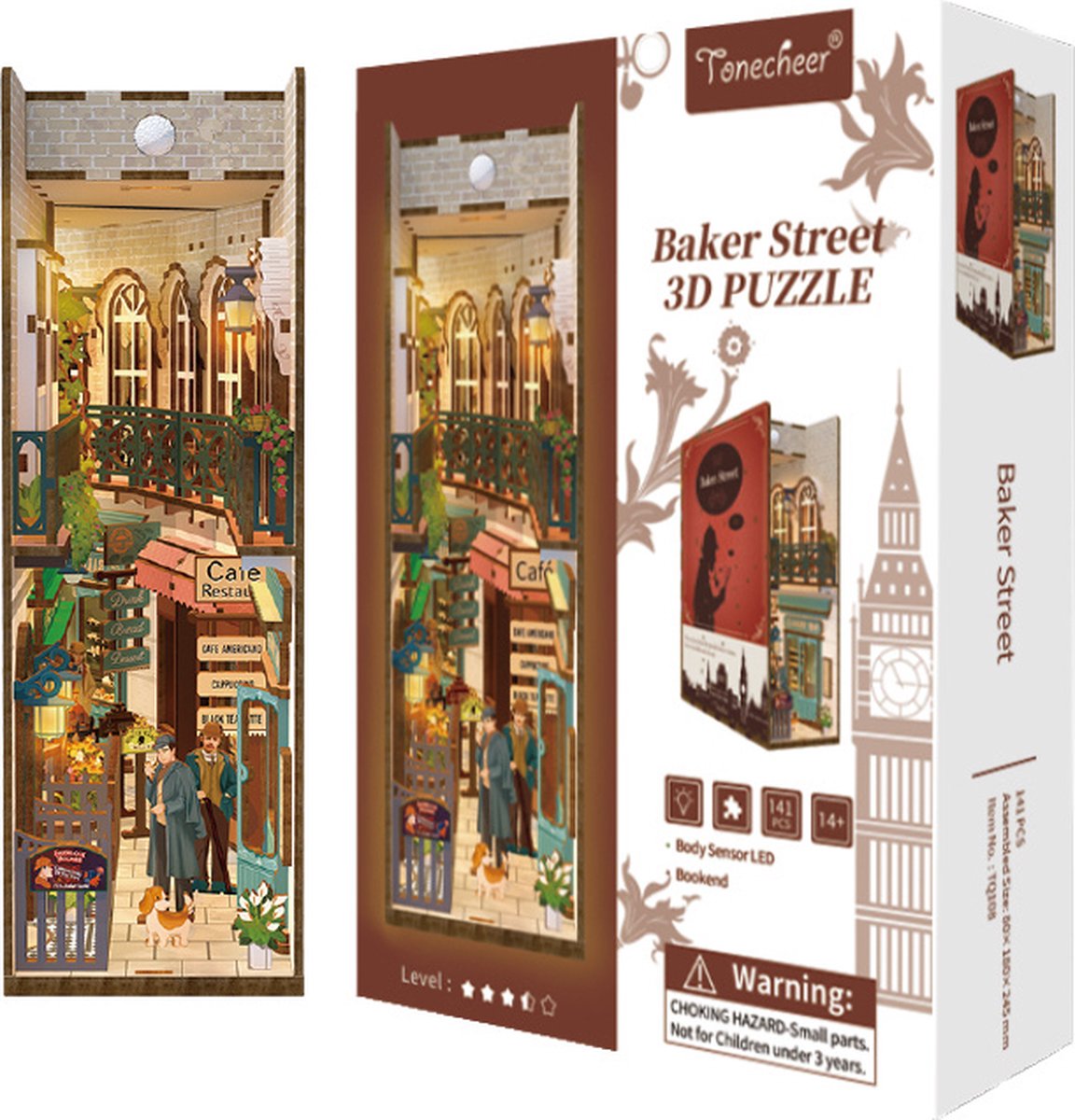 Tonecheer Baker Street Book Nook Bouwpakket - Modelbouw - 18,2 x 8 x 24,5 cm - Houten 3D Puzzel - Boekensteun - LED-licht - Bewegingssensor Licht - Boekenhouder — afbeelding 8
