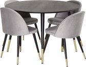 Dipp eethoek tafel zwart en 4 Velvet stoelen grijs.
