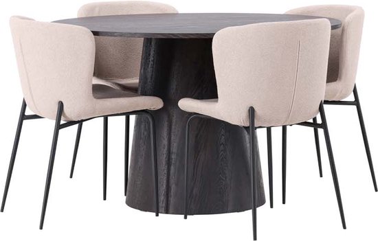 Lanzo eethoek tafel mokka en 4 Modesto stoelen beige.