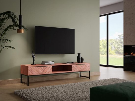 Tv-meubel met 2 lades en 1 vak in acaciahout en metaal - Donkere houtlook en zwart - VEDILA L 165 cm x H 45 cm x D 40 cm