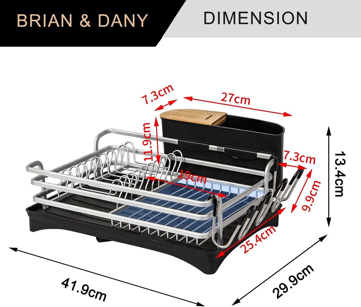 Goedkoopste Afdruiprek, aluminium afdruiprek, met bekerhouder en afdruipbak, zilver, 42 x 30 x 13,4 cm