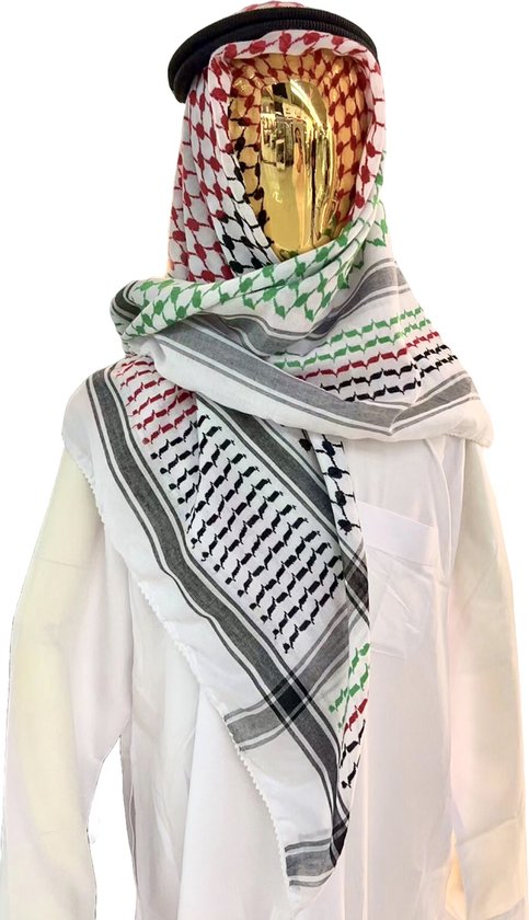 Kufiya/Keffiyeh met Palestina Kleuren 127x127 cm, Palestijnse Sjaal, Palestina Sjaal, Keffiyeh, Arafat Sjaal, Rood/Groen/Wit/Zwart