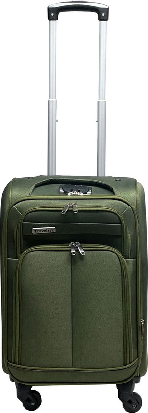 Groene handbagage koffer met uitschuifbare hendel en voorvakken.