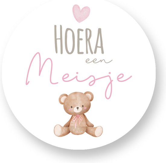 Foto: Sluitsticker hoera een meisje beer 40 mm geboorte sticker sluitzegel sticker geboortekaart baby nieuws trakteren broer zus basisschool kinderdagverblijf glossy sluitzegel wensetiket