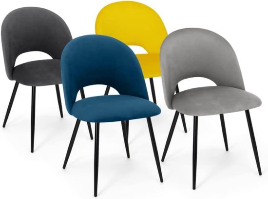 Set van 4 Mado fluwelen stoelen Mix Color blauw, lichtgrijs, donkergrijs, geel