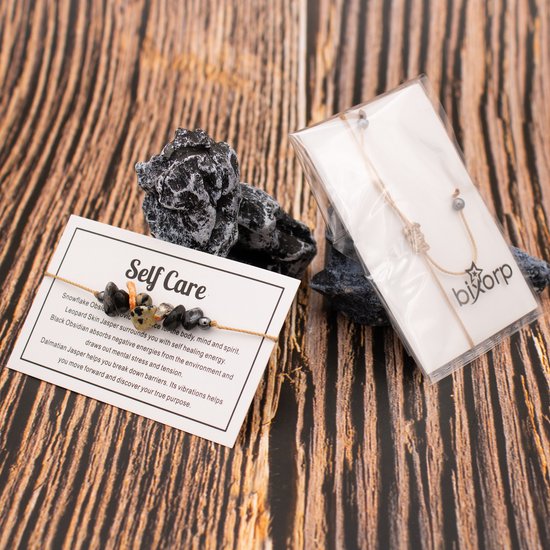 Bracelet cadeau Bixorp « Self Care » - Bracelet de pierres précieuses sur carte - Obsidienne flocon de neige, Jaspe et Obsidienne